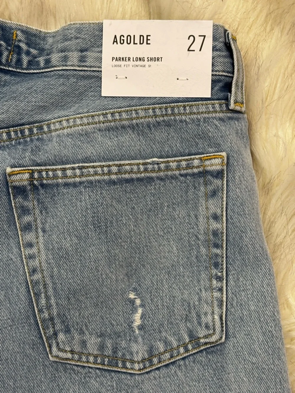 NWT Agolde Parker Long Swapmeet Light Blue Distressed Denim Cutoff Shorts SZ 27 - Picture 14 of 16